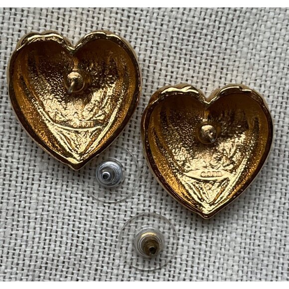 Vintage Heart Earrings Pinup Gift Classic 80s Gold Tone Avon 1" Heavy Valentines - Picture 5 of 12